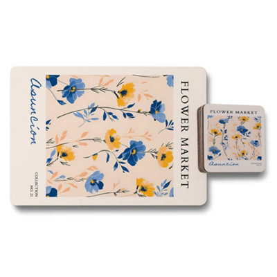 B&Q -  Flower Market Placemat Coaster Set With Designer Artwork And Wood Base Limited Edition