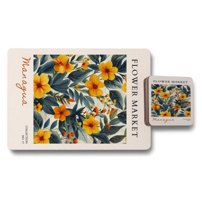 B&Q -  Limited Edition Flower Market Managua Placemat And Coaster Set In Premium Print Technology With Wood Base
