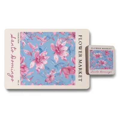 B&Q -  Flower Market Collection Placemat And Coaster Set With Wood Backing Exclusive Design