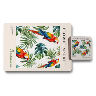 B&Q -  Flower Market Nassau Collection Placemat And Coaster Set With Parrot Artwork Limited Edition