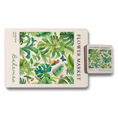 B&Q -  Bahamas Flower Market Placemat Coaster Set Limited Edition Tropical Artwork Collection Wood Bottom