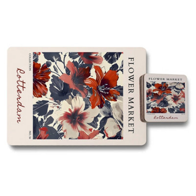 B&Q -  Flower Market Placemat And Coaster Set Exclusive Floral Collection With Wood Bottom