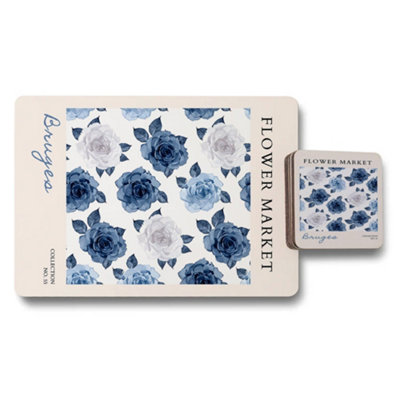 B&Q -  Flower Market Collection Placemat And Coaster Set With Wooden Base In Blue Floral Artwork Limited Edition