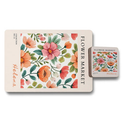 B&Q -  Helena Flower Market Placemat Coaster Set Flower Market Collection Wood Base Exclusive Edition