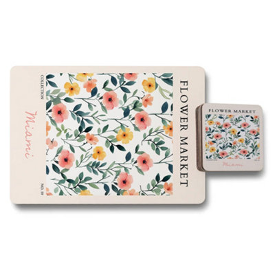 B&Q -  Miami Flower Market Placemat Coaster Set Designer Floral Collection Wood Base Exclusive Look