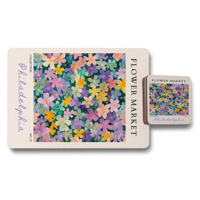 B&Q -  Philadelphia Flower Market Placemat Coaster Set Floral Collection With Wood Bottom And Premium Print
