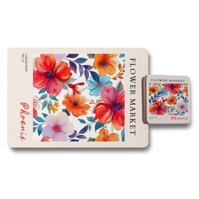 B&Q -  Phoenix Flower Market Collection Placemat And Coaster Set With High End Print Technology Limited Edition