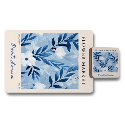 B&Q -  Port Dover Flower Market Placemat Coaster Set Blue Botanical Print Limited Edition