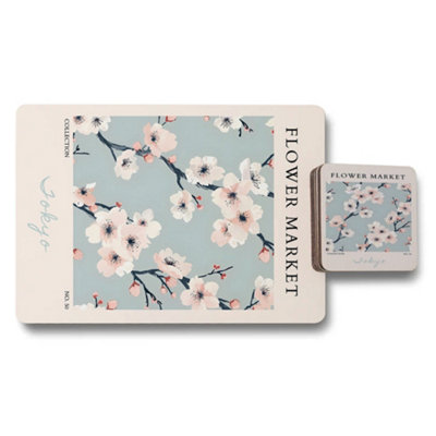 B&Q -  Flower Market Placemat Coaster Set Tokyo Collection Wood Base Limited Edition Print