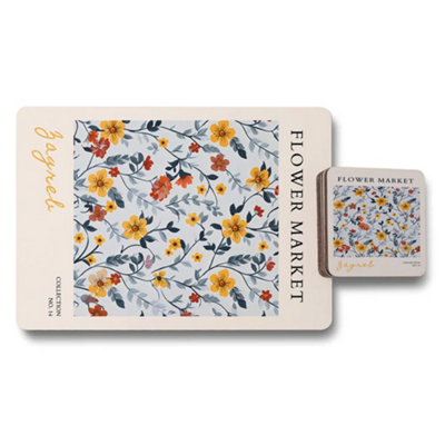 B&Q -  Bagwell Flower Market Placemat Coaster Set Wood Bottom Collection Exclusive Edition