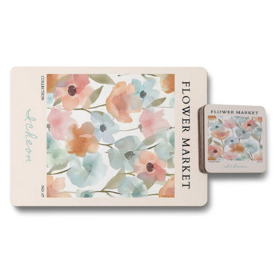 Benjamin Tate Design Flower Market Placemat And Coaster Set The Flower Market Collection With Wood Bottom And Luxe Print Limited from B&Q