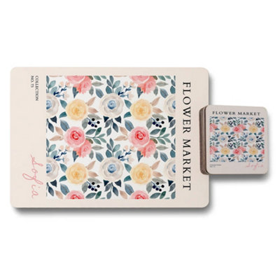 B&Q -  Sofia Flower Market Placemat And Coaster Set With Wood Bottom And Designer Artwork Limited