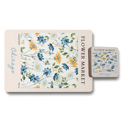 B&Q -  Flower Market Collection Placemat And Coaster Set With Wood Backing Limited Edition