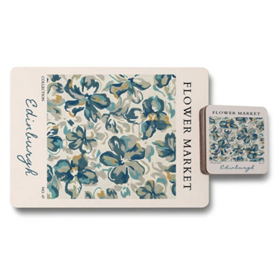 B&Q -  Edinburgh Flower Market Placemat Coaster Set In Wood Backed Floral Artwork Limited Edition