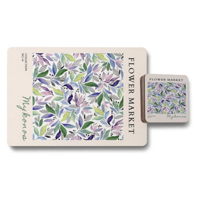 B&Q -  Flower Market Collection Placemat And Coaster Set With Wood Bottom Limited Edition
