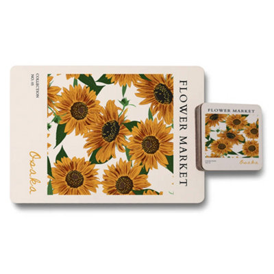 B&Q -  Flower Market Sunflower Placemat And Coaster Set Osaka Collection Wood Bottom Twelve Piece