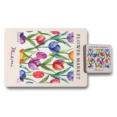B&Q -  Miami Flower Market Placemat And Coaster Set Exclusive Wood Bottom Flower Market Collection