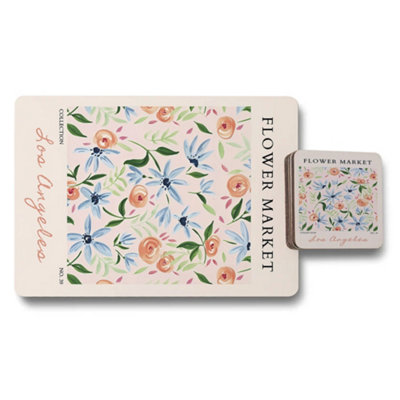 Benjamin Tate Design Flower Market Collection Placemat Coaster Set With Wooden Bottom Exclusive Los Angeles Design from B&Q