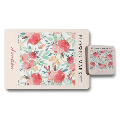 B&Q -  Flower Market Collection Placemats And Coasters Set With Wood Bottom Limited Edition