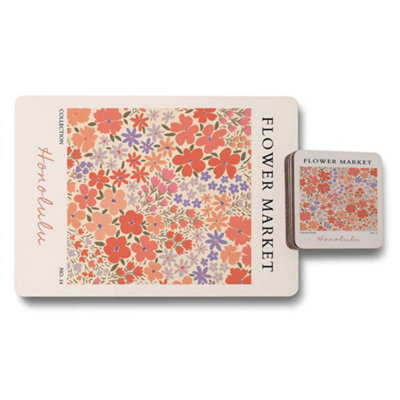 B&Q -  Honolulu Flower Market Twelve Piece Placemat And Coaster Set Wood Bottom High End Print Limited Run
