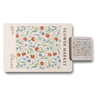 Benjamin Tate Design Flower Market Placemat And Coaster Set Exclusive Cairo Collection Designer Artwork Wood Base from B&Q