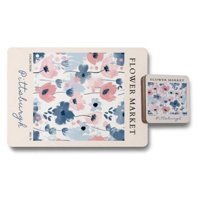 Benjamin Tate Design Flower Market Collection Placemat Coaster Set With Wood Bottom Pittsburgh Design from B&Q