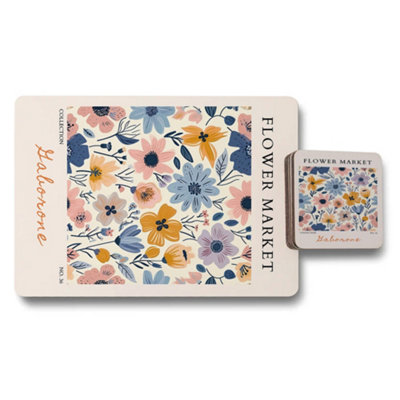 B&Q -  Flower Market Collection Placemat And Coaster Set With Wood Bottom Designer Artwork Print