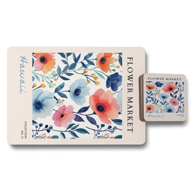 B&Q -  Flower Market Hawaii Collection Placemat And Coaster Set With Wood Base 12 Pieces Limited Edition