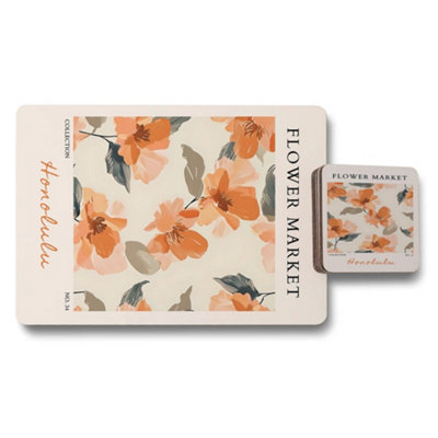 B&Q -  Flower Market Honolulu Placemat And Coaster Set From The Collection With Wood Bottom And Premium Print