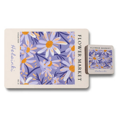 B&Q -  Flower Market Collection Limited Placemat And Coaster Set Helsinki Artwork With Wood Bottom
