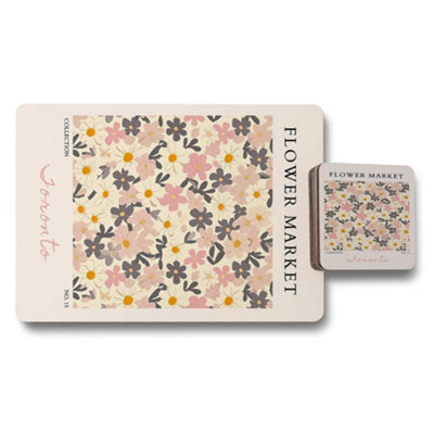 B&Q -  Flower Market Collection Placemat And Coaster Set No 15 Wood Bottom Premium Print