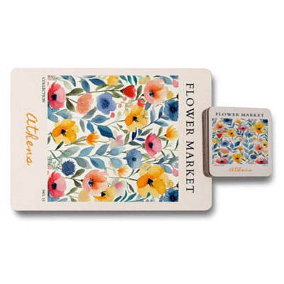 B&Q -  Flower Market Placemat And Coaster Set Athens Edition With Wood Bottom Premium Print Technology