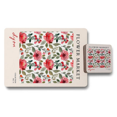 B&Q -  Flower Market Placemat And Coaster Set No7 Collection In Premium Print Technology With Wood Backing Limited Edition