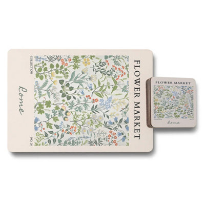 B&Q -  Flower Market Collection Placemat And Coaster Set With Wood Backing Limited Edition