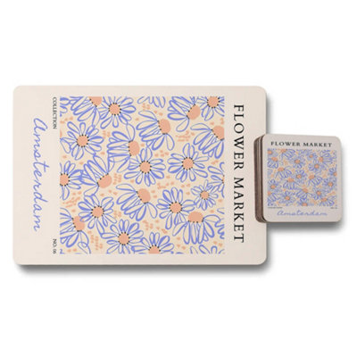 B&Q -  Flower Market Placemat Coaster Set Amsterdam Collection With Wooden Bottom And Designer Artwork