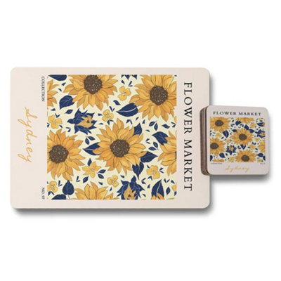 B&Q -  Flower Market Collection Placemat And Coaster Set Of Twelve Sunflower Print With Wood Bottom Exclusive Edition