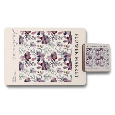 B&Q -  Flower Market Collection Placemat And Coaster Set With Floral Artwork And Wood Bottom