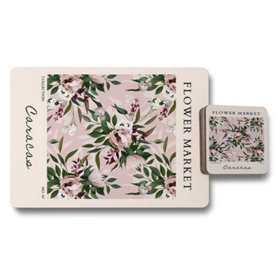 B&Q -  Flower Market Collection Placemat And Coaster Set With Wood Bottom Limited Edition Artwork