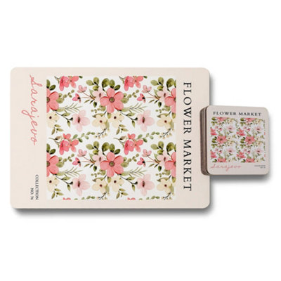 B&Q -  Flower Market Collection Placemat And Coaster Set With Wood Base Limited Edition