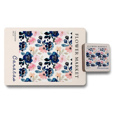 B&Q -  Flower Market Floral Placemat And Coaster Set With Wood Bottom And Exclusive Artwork