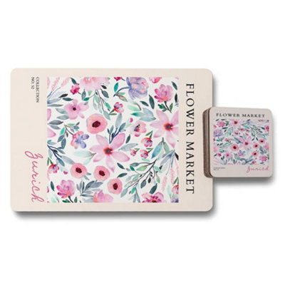 Benjamin Tate Design Flower Market Collection Placemat And Coaster SetWatercolor Floral ArtworkWooden Base Exclusive from B&Q
