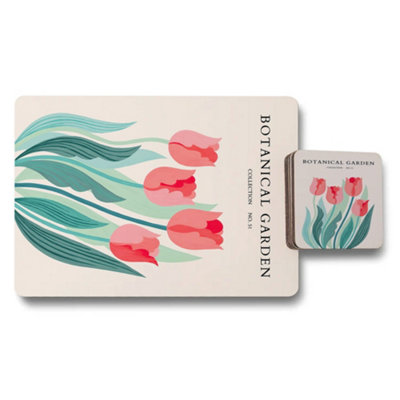 B&Q -  Botanical Garden Collection Placemat And Coaster Set With Tulip Artwork On Wood Base Print Technology Limited Release