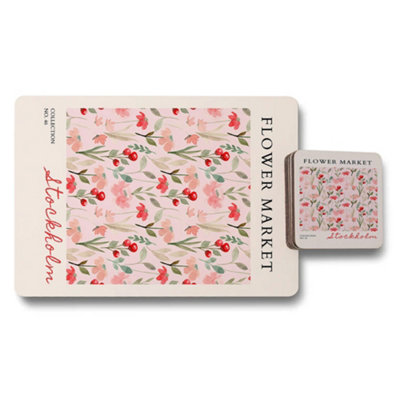 B&Q -  Flower Market Stockholm Collection Placemat And Coaster Set With Wood Bottom Limited Edition