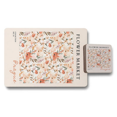 B&Q -  Flower Market Prague Collection Placemat And Coaster Set Wood Bottom High End Print Technology Limited Edition
