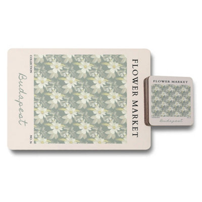 Benjamin Tate Design Flower Market Placemat Coaster Set Budapest Collection Featuring High End Print On Wood Base Artwork Exclusive from B&Q