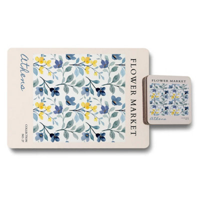 B&Q -  Flower Market Placemat And Coaster Set Athens Collection Wood Bottom Designer Artwork Limited Release