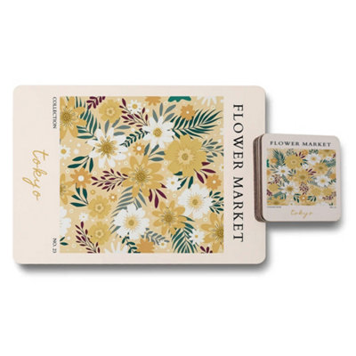 B&Q -  Flower Market Tokyo Placemat Coaster Set Wood Bottom Limited