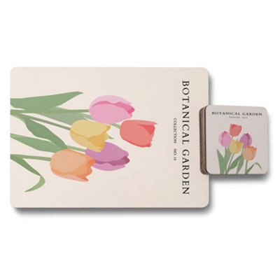 B&Q -  Botanical Garden Collection Placemat Coaster Set Tulip Art With Wood Bottom Limited Edition