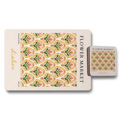 B&Q -  Flower Market Collection Placemat And Coaster Set With Wooden Bottom Lisbon Design Art Print Limited Edition No 09