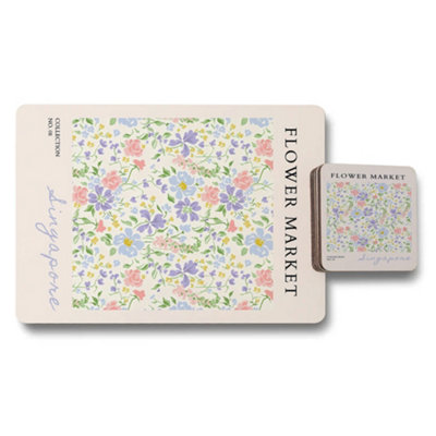 B&Q -  Flower Market Placemat Coaster Set With Designer Artwork And Wooden Base Limited Edition Collection